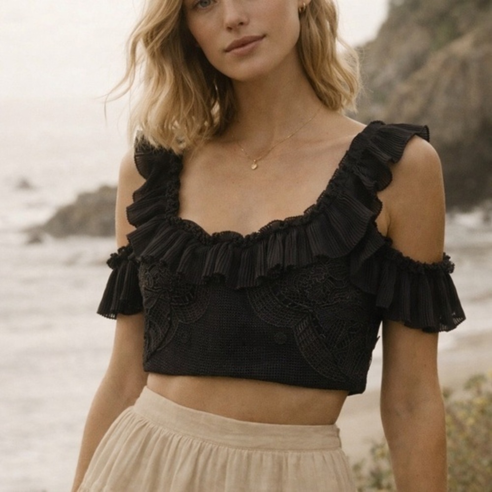 Alice McCall black ruffled lace crop top NWT